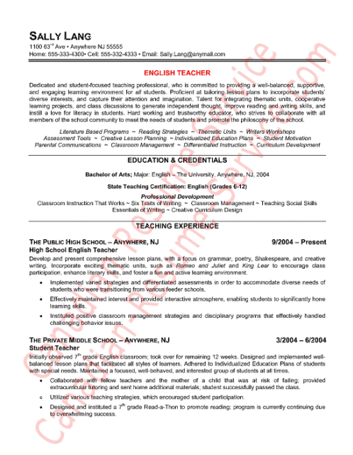 resume format for teacher. English Teacher Resume Sample