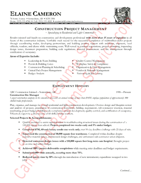 Superintendent construction resume