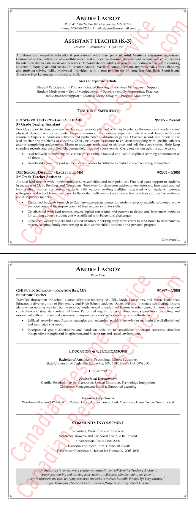 Sample resume for a teaching assistant