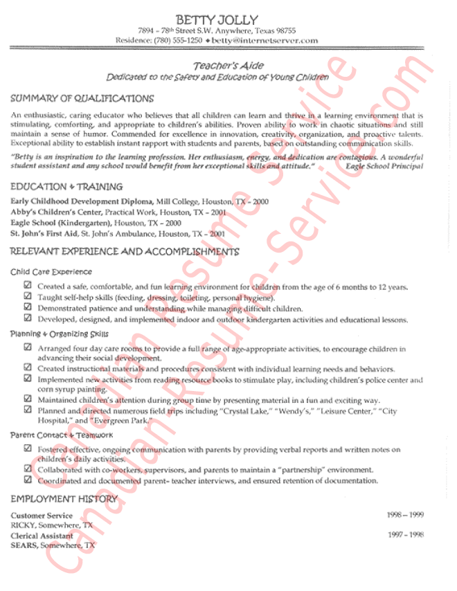 Free sample resume for teacher aide