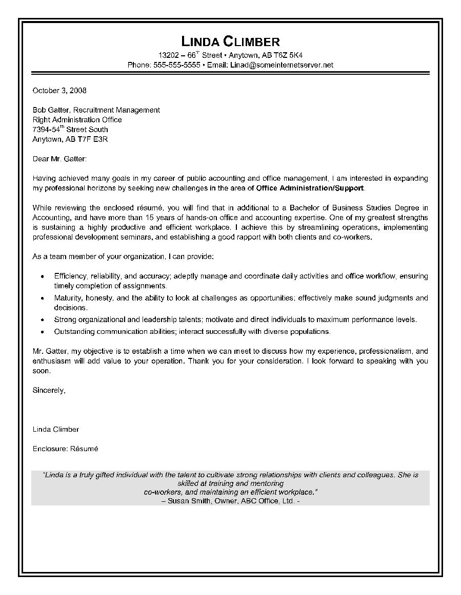 administrative assistant cover letter canadian resume