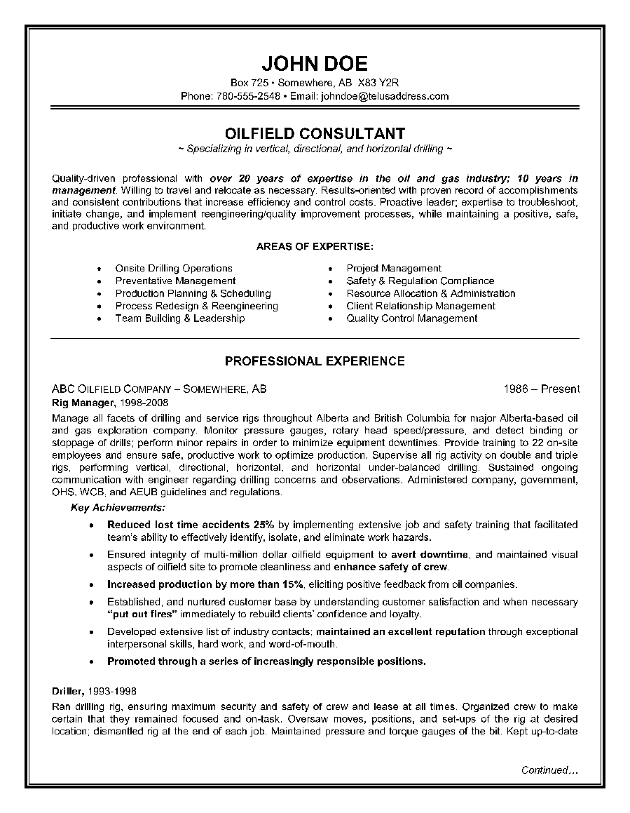 Example of a Oilfield Consultant Resume Sample