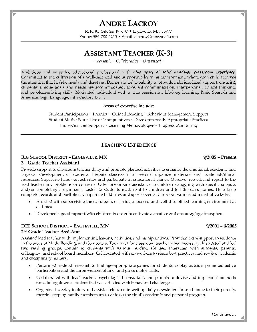 teaching assistant resume writing example